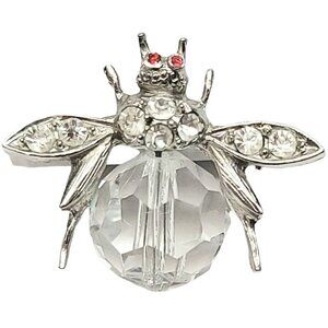 Pell Silver Tone Red Eye Clear Faceted Glass Belly Bee Insect Brooch, Signed